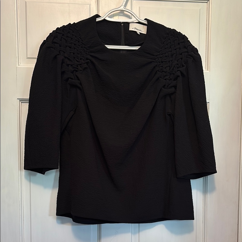 3.1 Phillip Lim Black Smocked Blouse with Textured Shoulders